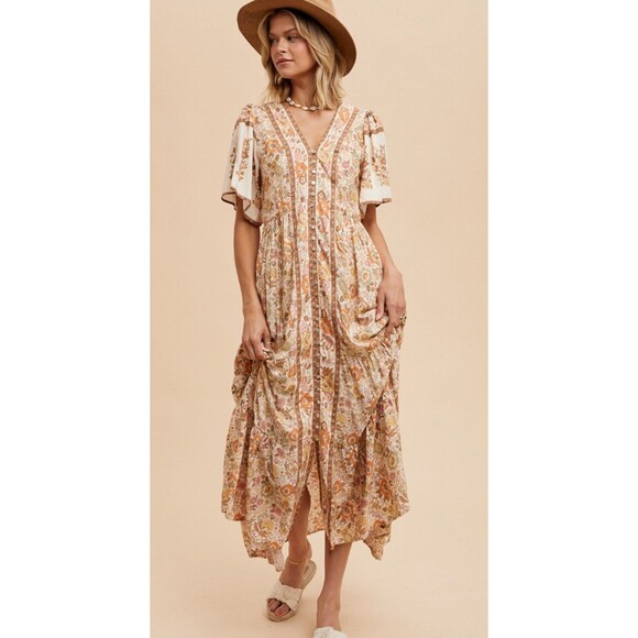 In Loom Boho Floral Midi Dress Cottage Core Dress Prarie Soho Beige Multi Sz S - Picture 8 of 12